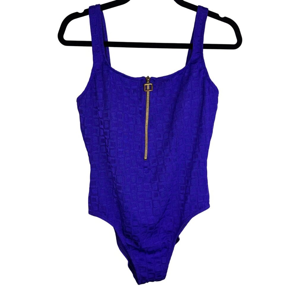 VTG Athena Purple Textured Backless One-Piece Swimsuit‎ Gold Front Zipper Sz 16